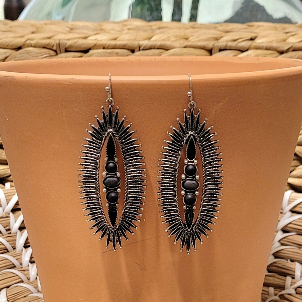 Western Long Black Baguette Style Oval Earrings New
